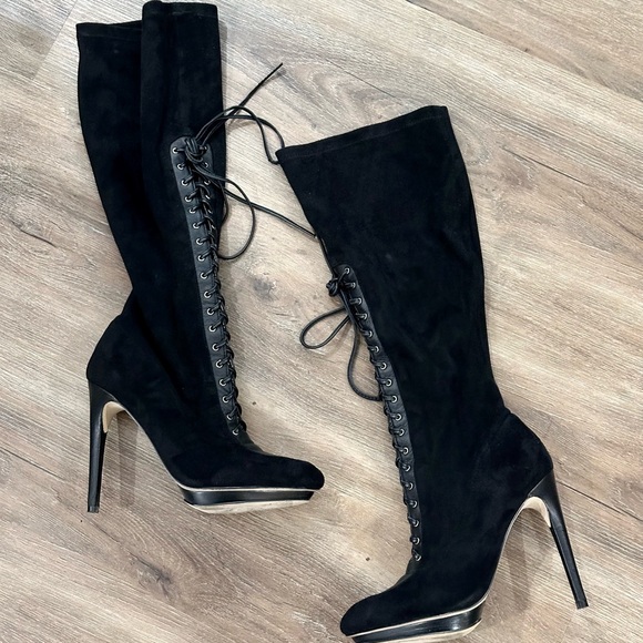 VINTAGE Bebe “Honor” Black Suede Knee High Zip Up Boots 6.5 - Picture 1 of 7